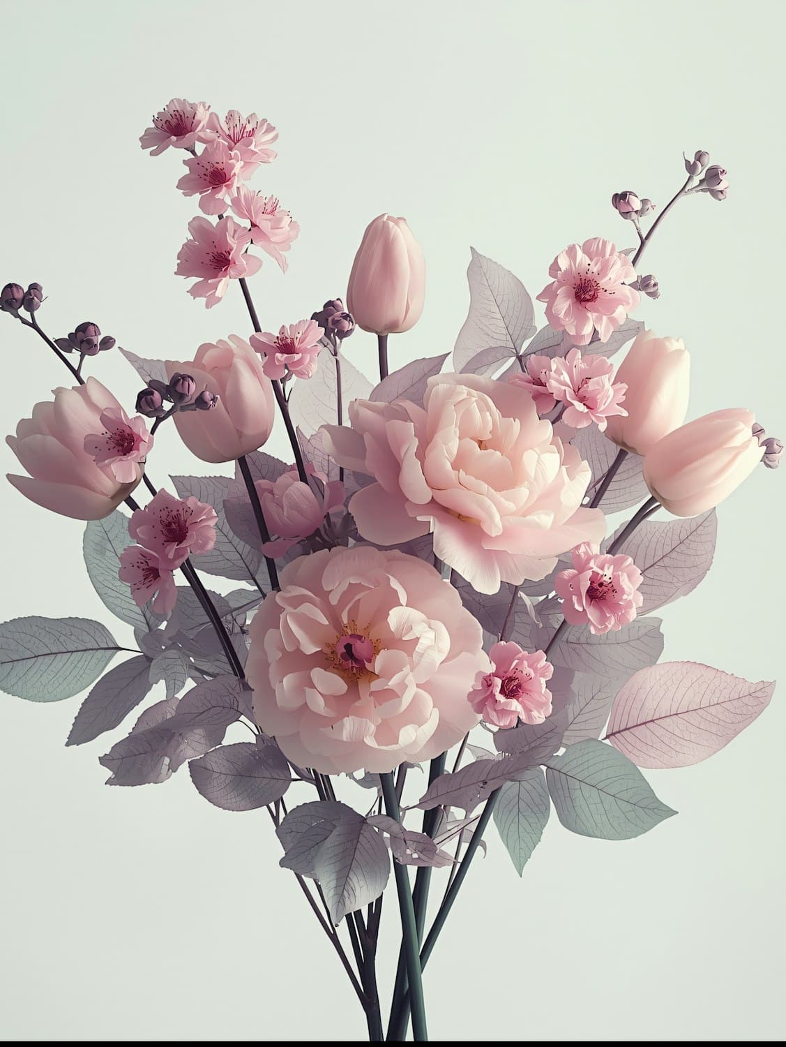 A florist arranging fresh pink roses and tulips